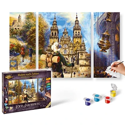 Image of Schipper 602100536 Gebäude Numbers, The Way of Saint James Pictures for Adults, Includes Brush and Acrylic Paints, Triptych, 50 x 80 cm, Multicoloured, Mittel