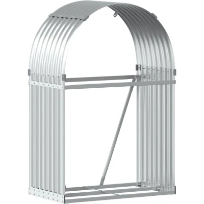 Image of vidaXL Silver Galvanised Steel Log Holder Outdoor/Indoor Wood Storage Rack Stand with Wall Hooks, Weather Resistant, 80x45x120cm