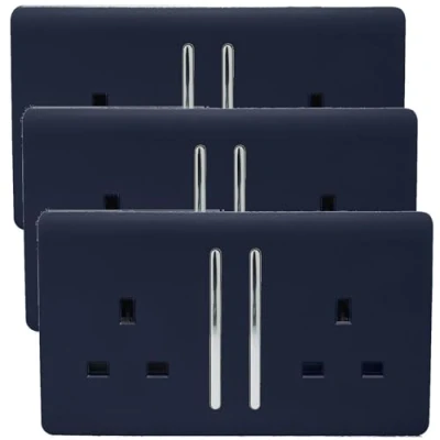 Image of Trendi 2 Gang Artistic Modern Glossy 13 Amp Switched Plug Socket Navy (3 Pack)