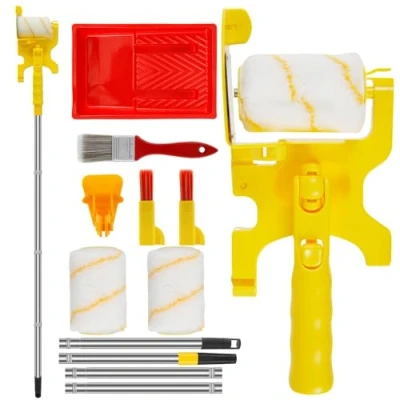 Image of Paint Edger Roller Brush Kit Plastic Wall with Extension Pole Hand held Clean Cut Safe Painting for Door Ceiling House Decoration