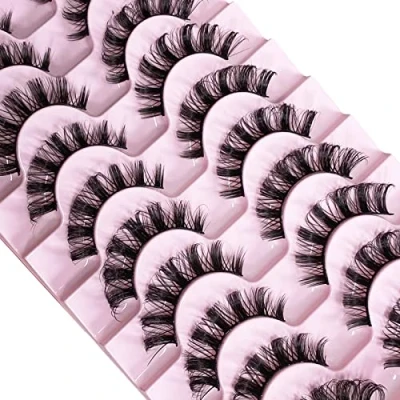Image of CNMTCCO False Eyelashes 10 Pairs Russian Strip Lashes Natural Fluffy Wispy D Curly Faux Mink Thick Short Soft Eyes Lash Reusable Fake (Naturally)