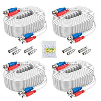 Image of ANNKE 4 Pack 30M/100 ft All in One Video Power Cables, BNC Extension Surveillance Camera Cables for CCTV Security DVR System Installation, RCA Connector and 100pcs Cable Clips Included White