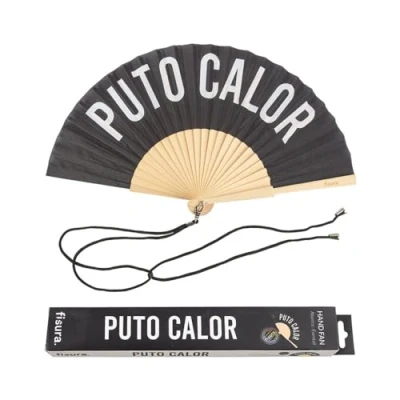 Image of Fisura Original handheld folding Fan with the message in Spanish. Wooden fan. holding Hand Fans. hanger included (Calor, black)