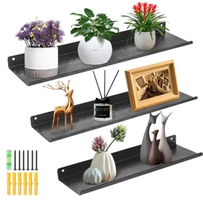 Image of himaly Metal Wall Shelf, Floating Shelves, Mounted Storage Shelves for Kitchen, Bathroom, Living Room, Bedroom, (Black, Set of 3)