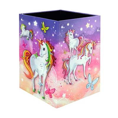 Image of HERMA 19738 Unicorn Waste Paper Bin 15 Litre Foldable Sturdy Cardboard Slim Trash for Girls Boys Rectangular Nursery Bedroom Study Office