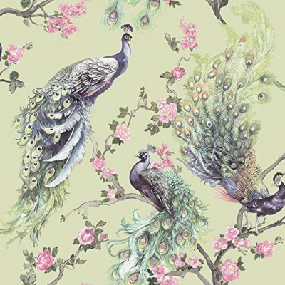 Image of Menali Peacock Glitter Wallpaper Green Purple Birds Floral Vinyl YöL