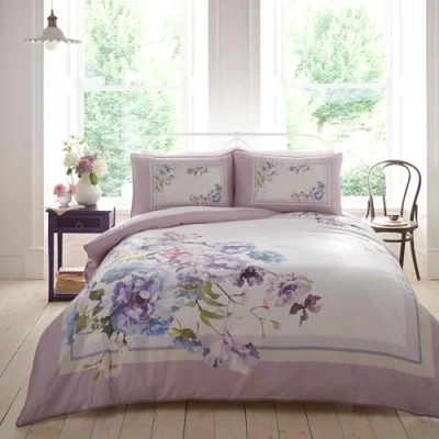 Image of Appletree Purple Floral Duvet Cover Sets King Bedding Size (230 x 220cm) Lilac Botanical &amp; Pillowcases Hand Painted Flowers Luxury (Sateen Cotton) Arley Collection