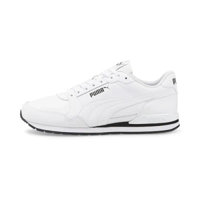 Image of Puma Runner V3 Unisex Trainers, Size: 6.5, White/black leather and imitation