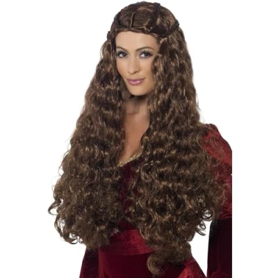 Image of Smiffys Medieval Princess Wig, Brown Extra Long, with Plaits, Historical Fancy Dress, Dress Up Wigs