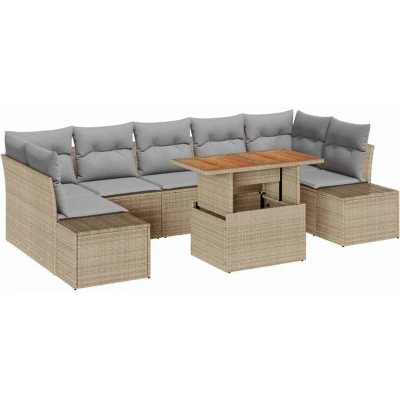 Image of vidaXL 8 Piece Garden Dining Set with Cushions Beige Poly Rattan Acacia