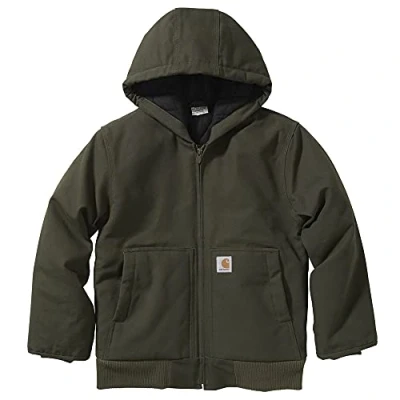 Image of Carhartt Boys&#039; Zip Front Flannel Quilt Lined Hooded Active Jac, Olive, 7 8 Years