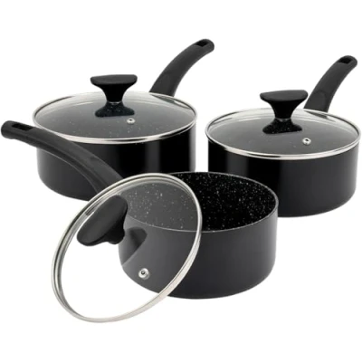 Image of 3 Piece Non Stick Saucepan Set with Tempered Glass Lids 16cm 18cm 20cm Sauce Pot Induction, Gas and Electric Hobs Pan Forged Aluminium Milk