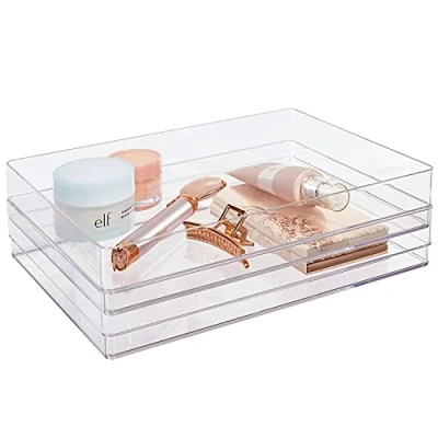 Image of STORi SimpleSort 2 Piece Stackable Clear Drawer Organizer Set 12&quot; x 9&quot; 2&quot; Rectangle Trays Wide Makeup Vanity Storage Bins and Office Desk Dividers Made in USA