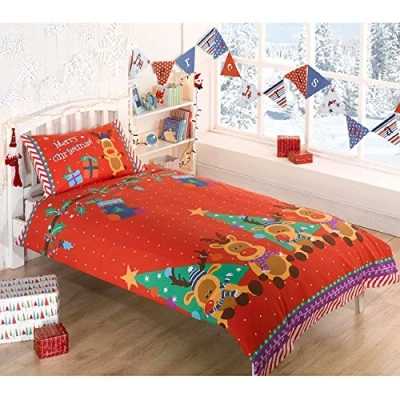 Image of Rudolph Reindeer Christmas Kids Presents Stars Quilt Duvet Cover and 2 Pillowcase Bedding Bed Set, Red, Double