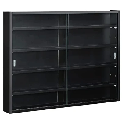 Image of HOMCOM 5 Tier Wall Display Shelf Unit Cabinet w/ 4 Adjustable Shelves Glass Doors Home Office Ornaments 60x80cm Black