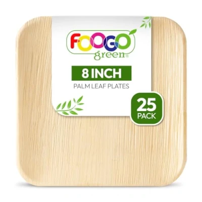 Image of FOOGO Green 25 Disposable Palm Leaf Plates, 8&quot;(20cm) Medium Square, Eco Friendly Biodegradable Compostable Like Wooden Bamboo Paper Plates Hot Food, Wedding Party Picnic