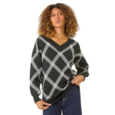 Image of Roman Originals Grid Pattern V Neck Knit Jumper for Women UK Ladies Everyday Autumn Winter Round Neckline Comfy Soft Evening Vacation Work Party Night Out Noir Size 12