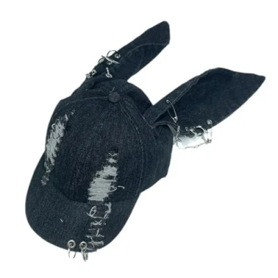 Image of COSSIKA Y2K Metal Chain Bunny Ear Denim Baseball Distressed Cap with Long Rabbit Adult Sunproof Visor Hat Summer Outdoor Cycling Hiking for Teens