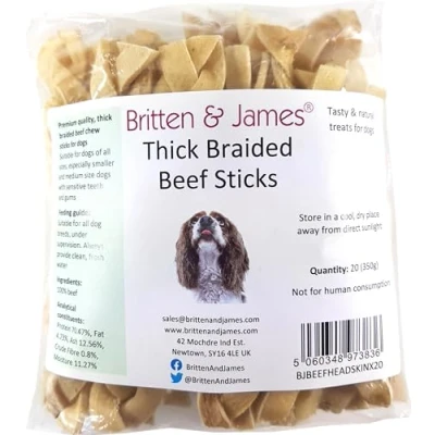 Image of Britten and James 20 Thick Braided Beef Skin Sticks for Dogs (400g). Natural Long Lasting Dog Chew Treats Hypoallergenic, Gluten Grain Free