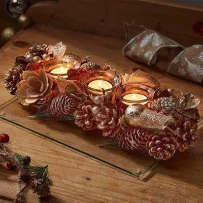 Image of Marco Paul Pinecone Gold Glitter Christmas Decorations,Tealight Candle Holder, Indoor Ornaments for Home, Table Centrepiece, Dinner Set, Kitchen Light, Decorations Centrepiece
