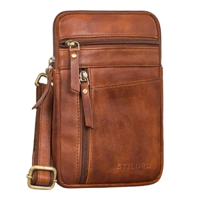 Image of STILORD &#039;Brooks&#039; Leather Belt Purse Chest Pouch for Phone Crossbody Bag Sling Travel Bumbag Genuine Vintage Leather, Colour:Brandy Cognac