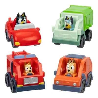 Image of Bluey Mini Racers, 4 of the Most Popular Vehicles in Form. Roll and Race With Garbage Truck, Fire Truck Bingo, Convertible Bandit Heeler 4WD Chilli, Collect Them All!