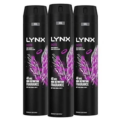 Image of 3 Pack of 250ml Lynx Excite XXL Deodorant Body Spray with 48H Freshness