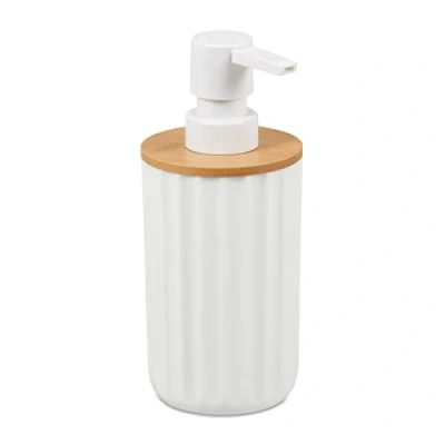 Image of Relaxdays Soap Dispenser, Modern, Refillable, Pump, Bamboo &amp; Plastic, White/Natural, 17 x 7.5 cm, 0.12 kg