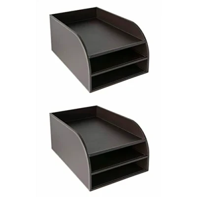 Image of OSCO Brown Faux Leather Three Tier Letter Tray 2 Pack A4 Desk File Organiser Paper Storage Office Document Sorter Paperwork Filing No Assembly Required H17.5 x W25 D37.5 cm