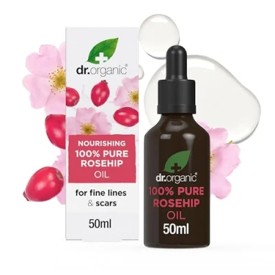 Image of Dr Organic Rosehip Oil, 100% Pure &amp; Natural, High in Vitamin C, Rejuvenate Nourish, Facial Aromatherapy, Diffusers, Massage, Vegan, Cruelty Free, Paraben SLS Certified Organic, 50ml