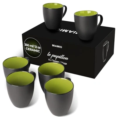 Image of MIAMIO 6 x 350 ml Stoneware Coffee Mug/Cup Set Le Papillon Collection (Black Green)