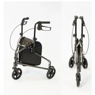 Image of NRS Healthcare 3 Wheel Steel Rollator Walking Aid with Bag &amp; Lockable Brakes, Folding Height Adjustable Grey