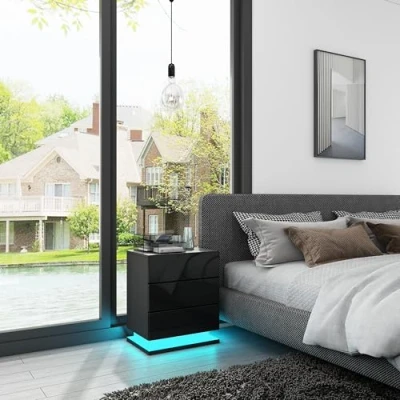 Image of LED Bedside Table, Cabinet with 3 Drawers Modern Black Gloss Nightstand Lights for Bedroom Living Room Furniture