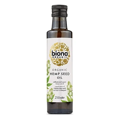 Image of Biona Organic Hemp Seed Oil 250ml Cold pressed &amp; Unrefined Source of Omega 3, 6 Vitamin D Ideal for Soups, Salads Hair, Skin Nail Health Non GMO, Vegan