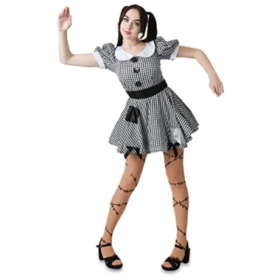 Image of Ladies Ragdoll Halloween Costume Large Black and White Gingham Dress with Patches Adults Broken Doll Trick or Treat Fancy