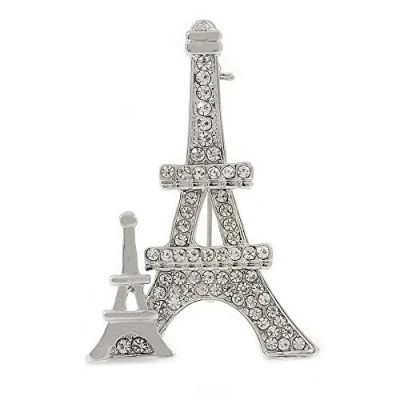 Image of Avalaya Silver Plated Clear Crystal Eiffel Tower Brooch 50mm L