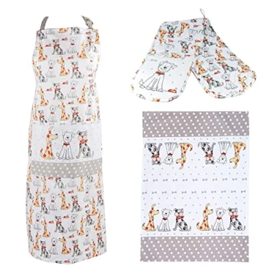 Image of SPOTTED Dog GIFT COMPANY Tea Towel, Apron and Oven Gloves Set of 3, 100% Cotton Quality Themed Cooking Baking Gifts for Lovers Owners Women Men (Cute Dogs)