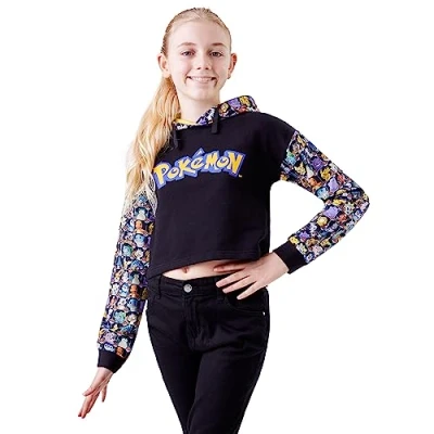 Image of Pokemon Kids Hoodie for Girls Teenagers Soft Cropped Pikachu Pullover Sweatshirt Age 5 15 Hoodies Official Merchandise Gifts (Black, 14 Years)