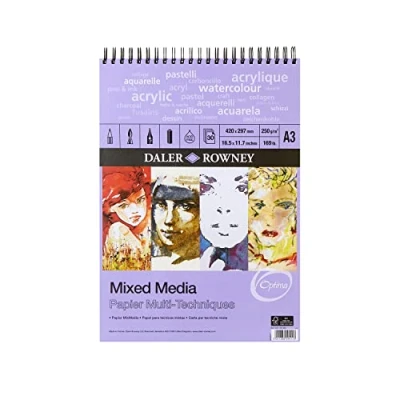Image of Daler Rowney Optima Lightly Textured 250gsm A3 Mixed Media Paper Spiral Pad, 30 White Sheets, Ideal for Professional Artists &amp; Students