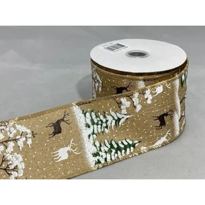 Image of 2 Meters x 63mm Wired Ribbon Natural Deer Christmas Hessian Style 6.3cm
