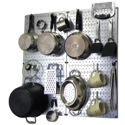 Image of Wall Control Kitchen Pegboard Organizer Pots and Pans Pack Storage Organization Kit with Metallic Silver White Accessories