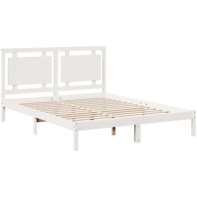 Image of vidaXL Extra Long Bed Frame White Solid Pine Wood Structure 160x220 cm Dimensions Slatted Base for Optimal Mattress Support Bedroom Furniture with Versatile Headboard and Storage Space