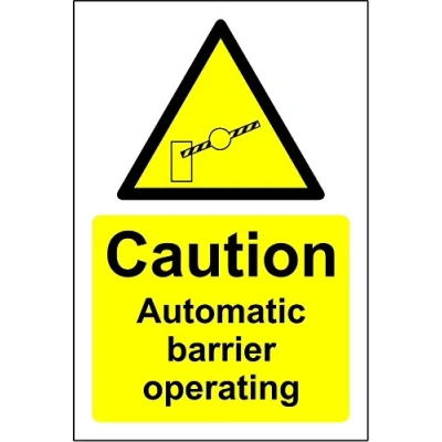 Image of Caution automatic barrier operating safety sign 3mm Aluminium 300mm x 200mm