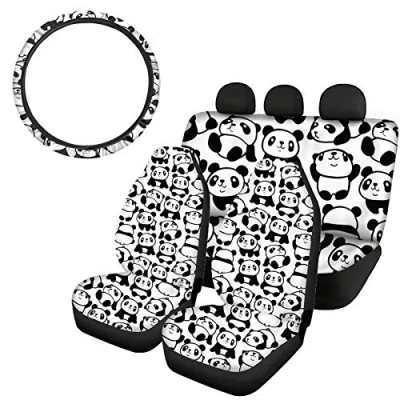 Image of SEANATIVE Cute Cartoon Animal Panda Print Front&amp;Rear Car Seat Covers Set of Auto Interior Accessories with Steering Wheel Cover 4 Packs