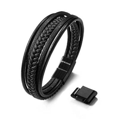Image of SERASAR 21cm Black Bracelet Men Gift Box Genuine Leather Cowhide Braided Adjust Able Magnetic Clasp Multi Layer Wrap Jewellery Rope Man Mans Male Mens Bracelets Band Jewelry Magnet Accessories