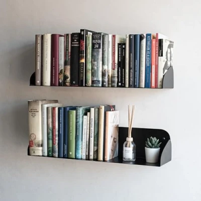 Image of MILUKA Set 2 Floating Shelves 60 cm Book Shelf Wall Mounted Metal for Wall, Bookcase, Kitchen Shelves, Bathroom and Bedroom in Home Decor Black