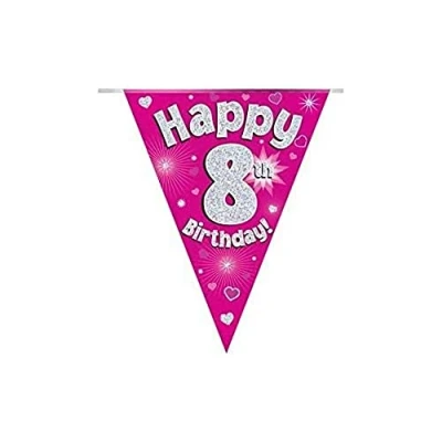 Image of OAKTREE UK 630567 Party Bunting Happy 8th Birthday Pink Holographic 11 Flags 3.9m
