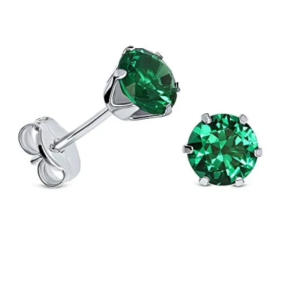 Image of Miore 4 Prong Gold Earrings for Women Solitaire Round Studs with Green Emerald Gems 0.85ct Made In White 9ct 375, Ear Piercing Stud 5.5 x mm Jewellery Box