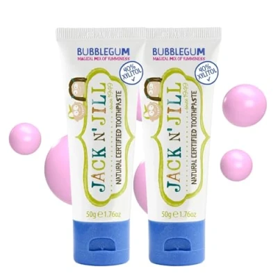 Image of Jack N&#039; Jill Natural Certified Toothpaste Baby &amp; Toddler Toothpaste, Fluoride Free, 40% Xylitol, Sugar Safe for 6 Months and Up, Makes Tooth Brushing Fun, Bubblegum Flavour, 2 x 50g