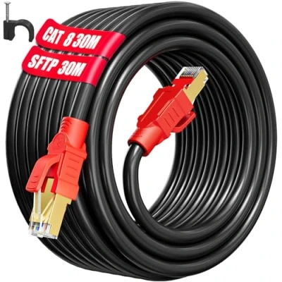 Image of Cat 8 Ethernet Cable 30m, Internet 30m High Speed 40Gbps 2000MHz Gigabit LAN Outdoor S/FTP Shielded RJ45 Long Network 30 Meters Black Patch for Router Modem (30 Clips)